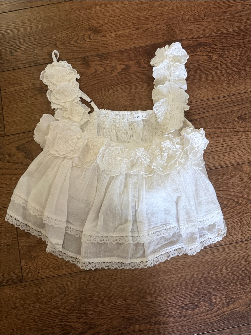 Altar'd State Cream Floral Appliqué Tiered Cotton Crop Top